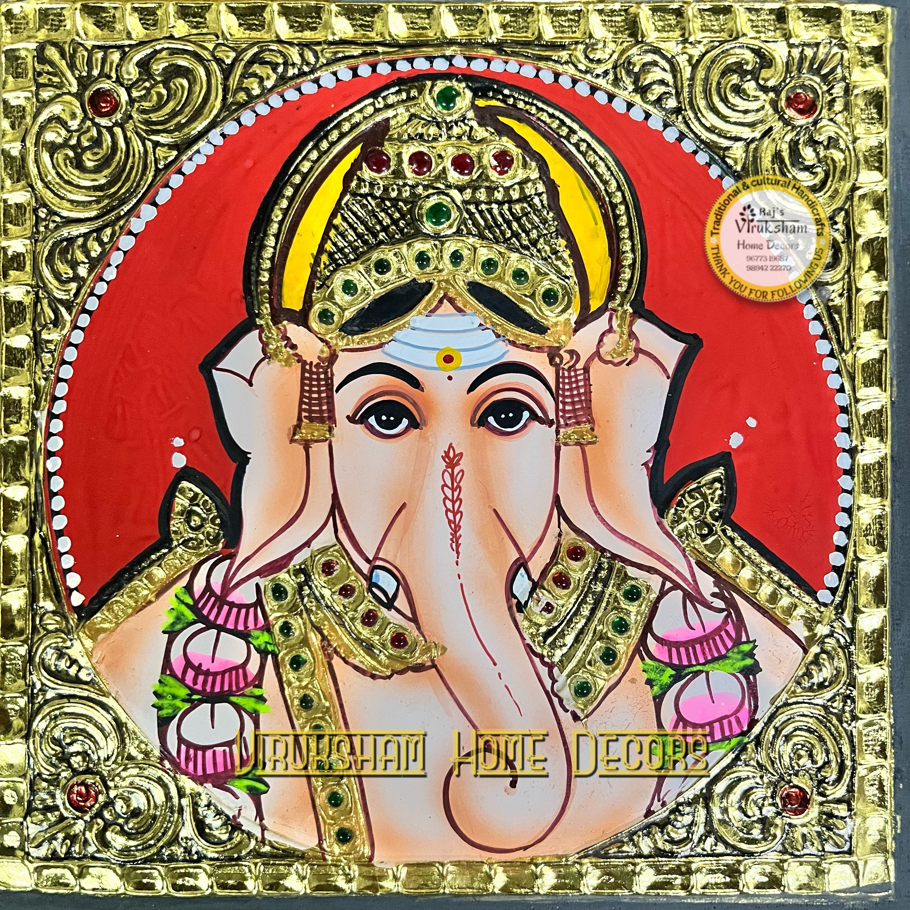 Small Ganesha Tanjore painting - artificial grade 1 foil-life warranty-  6x6