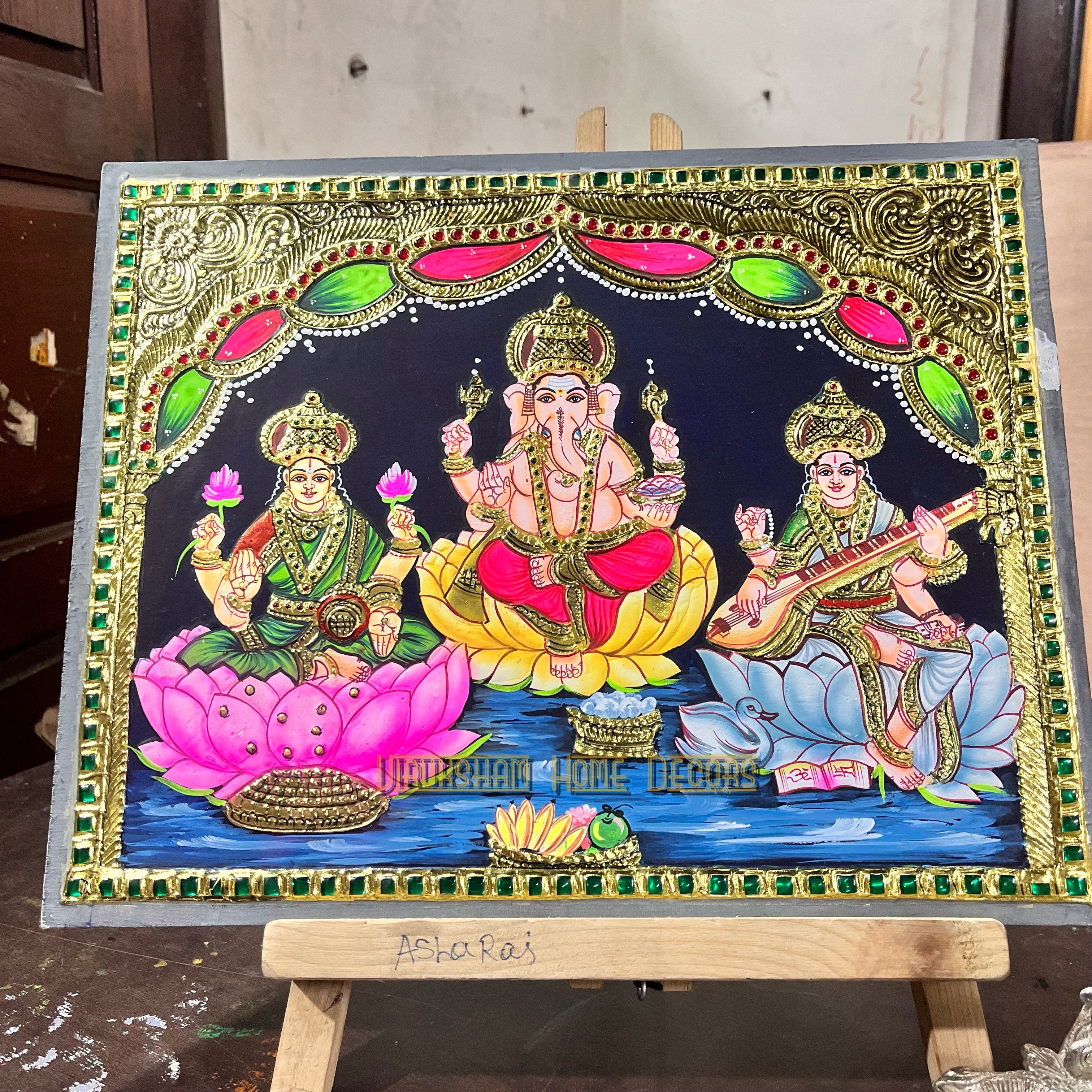 Ganesha Lakshmi Saraswathi 12x15  Tanjore painting -1 board(15 days delivery time)without frame