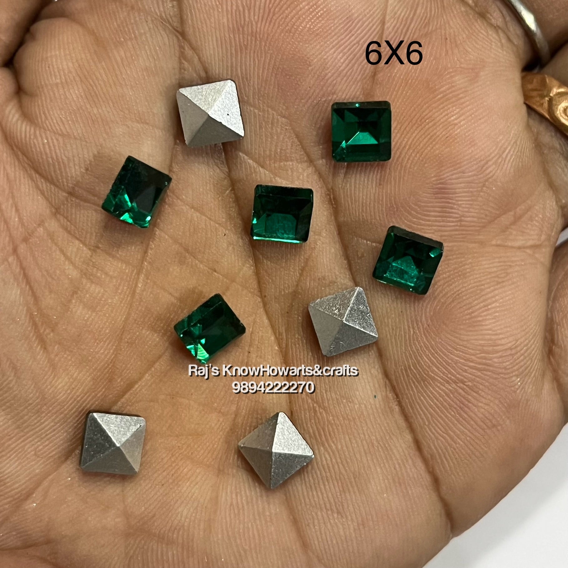 6x6 Green  SQUARE  Tanjore painting American Diamond stones -  12stones in a pack