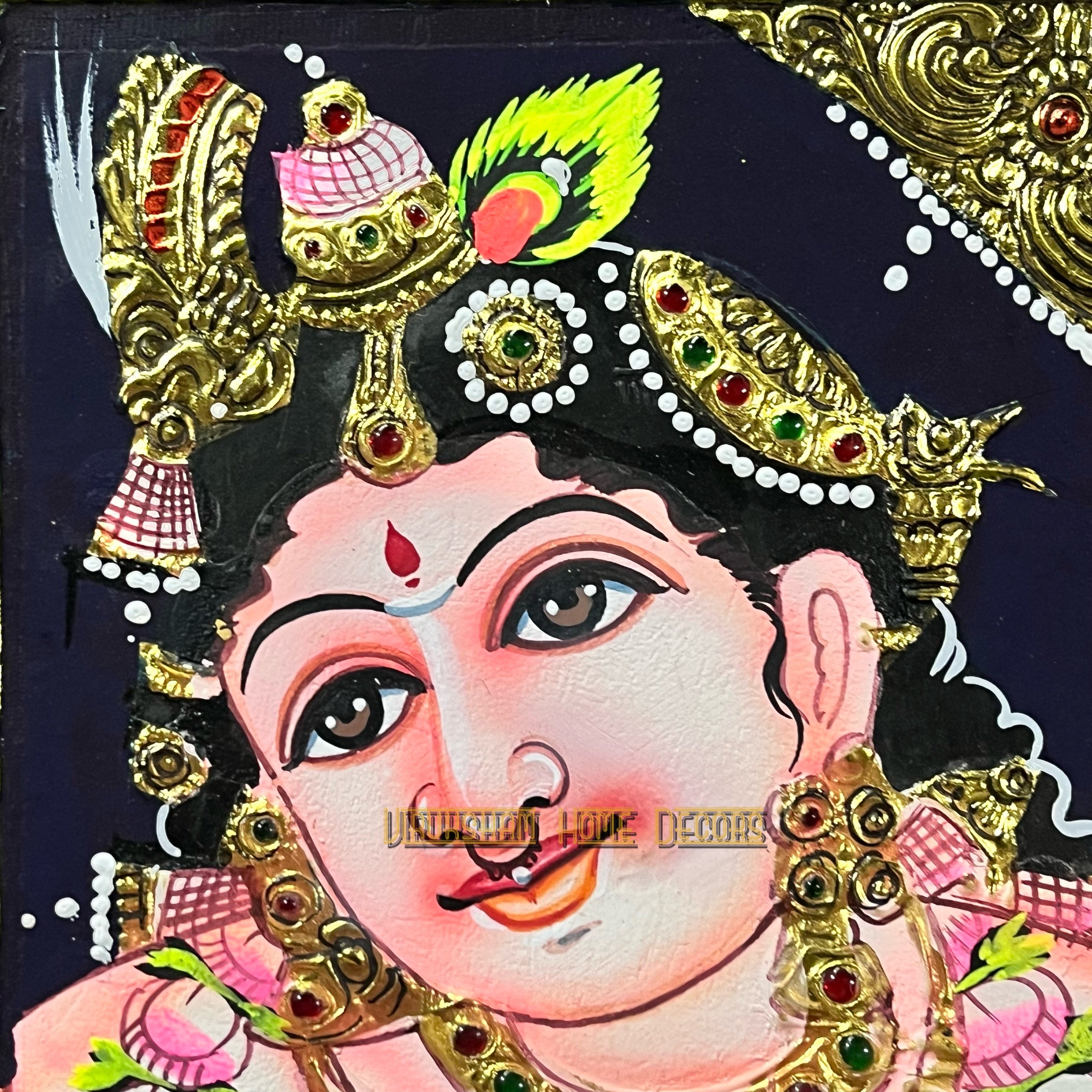 Small face krishna Tanjore painting - artificial grade 1 foil-life warranty-  6x6