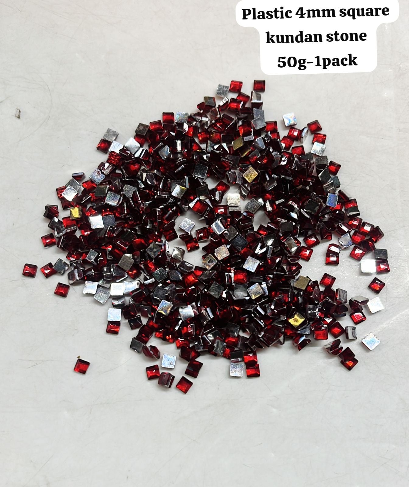 Plastic 4mm square red kundan stone 50g -1pack