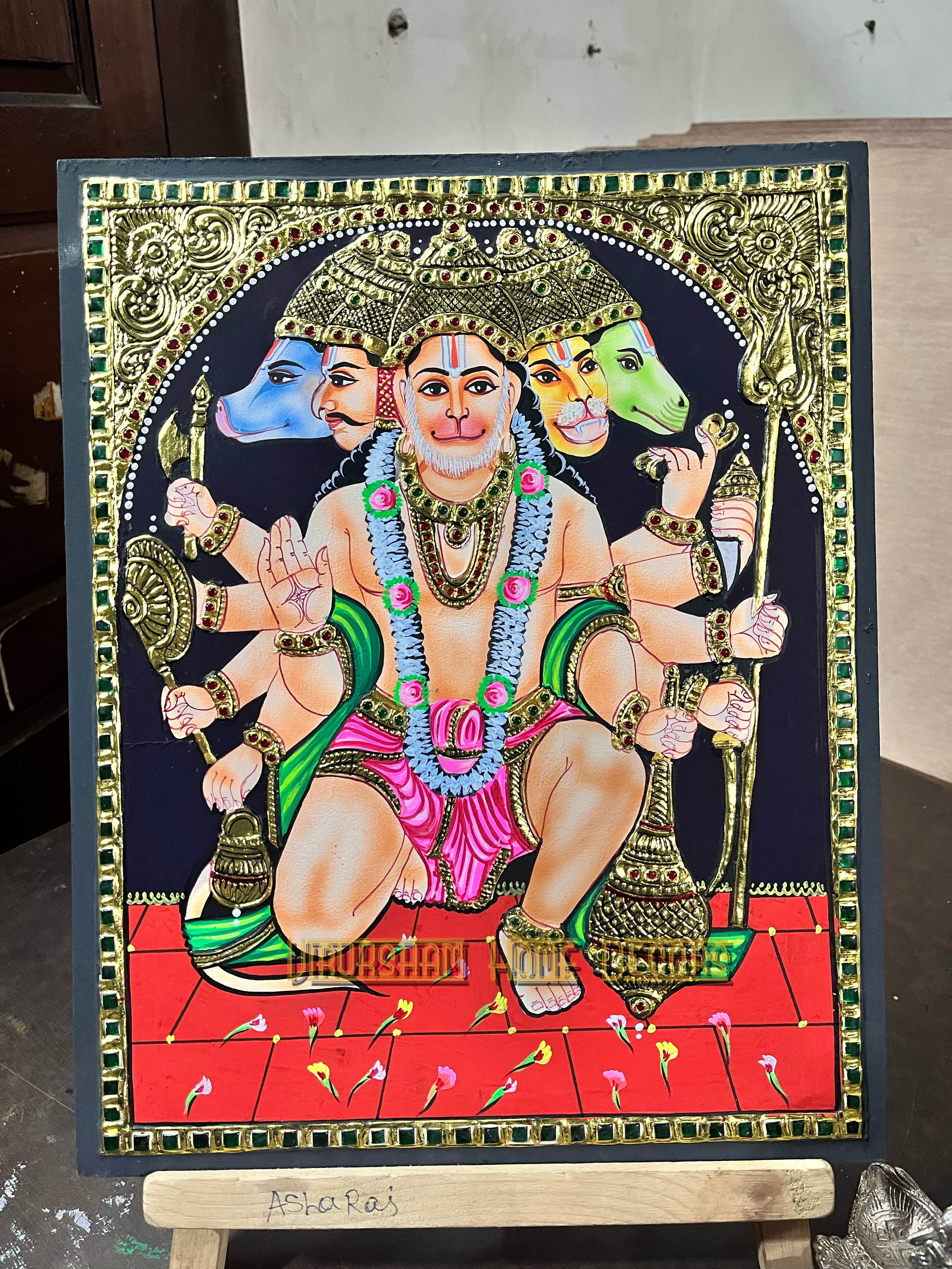 Panchamuga Hanuman 12x15  Tanjore painting -1 board(15 days delivery time)without frame