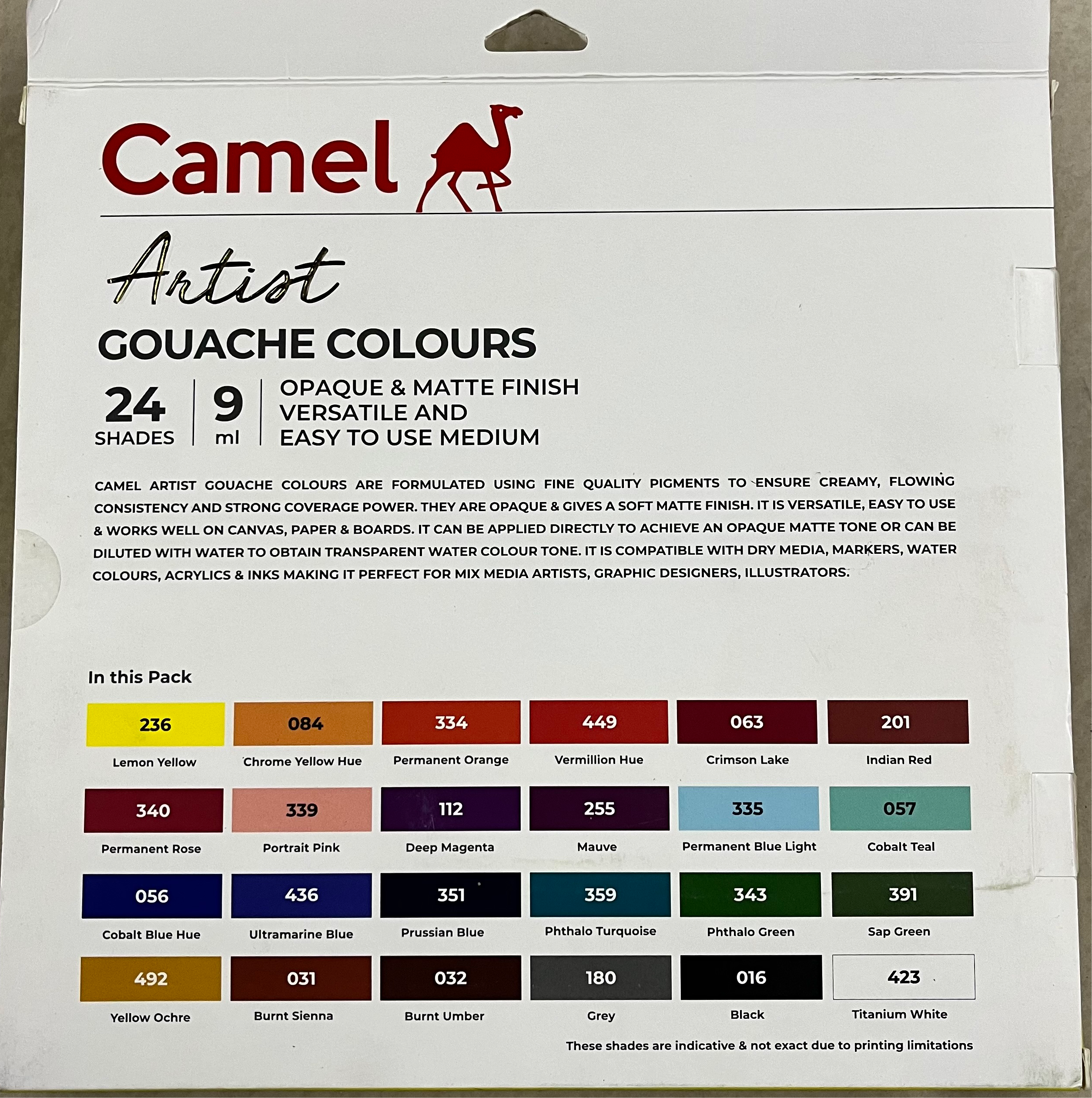 Camel artist gouache colours 24 shades 9 ml