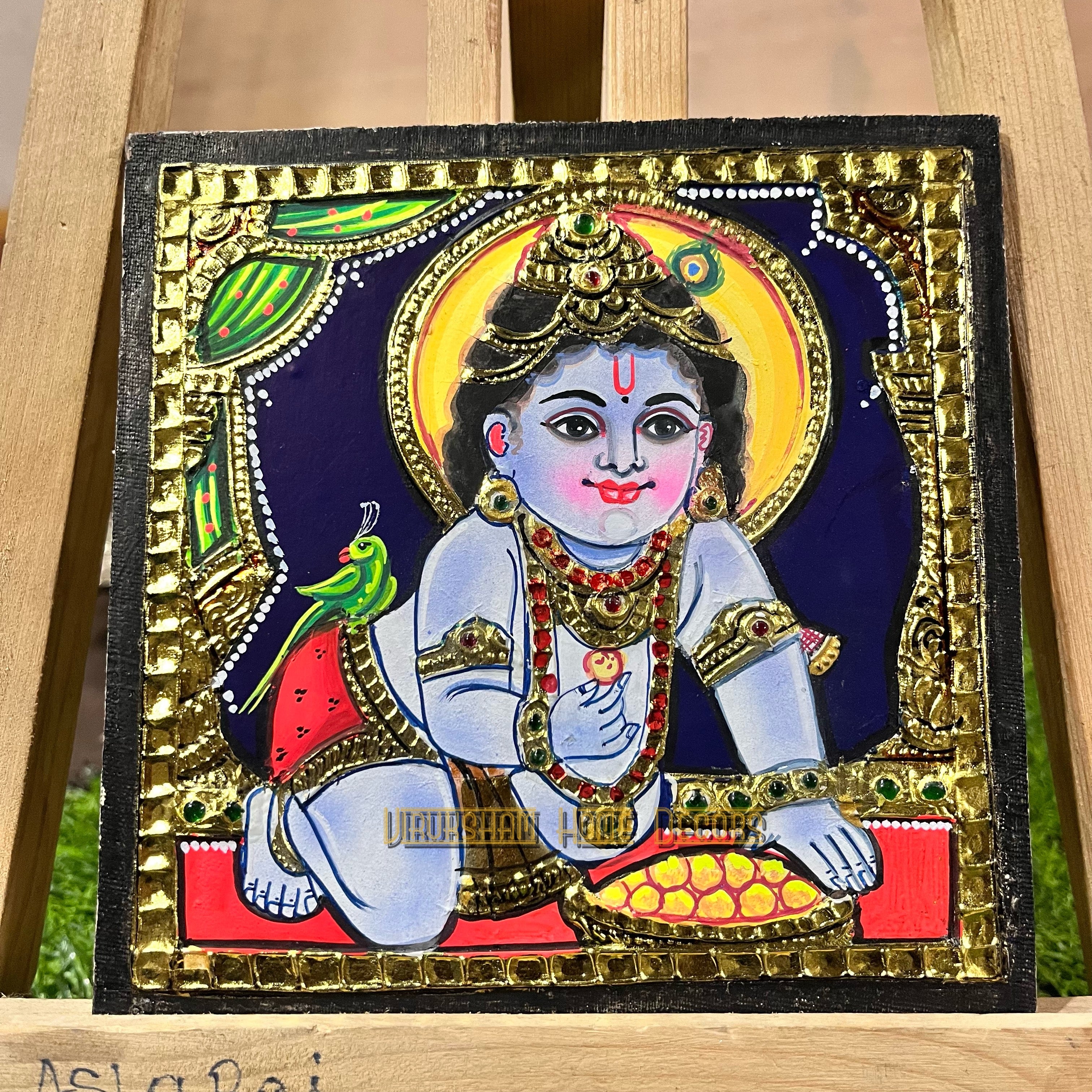 krishna Tanjore painting - artificial grade 1 foil-life warranty-  6x6