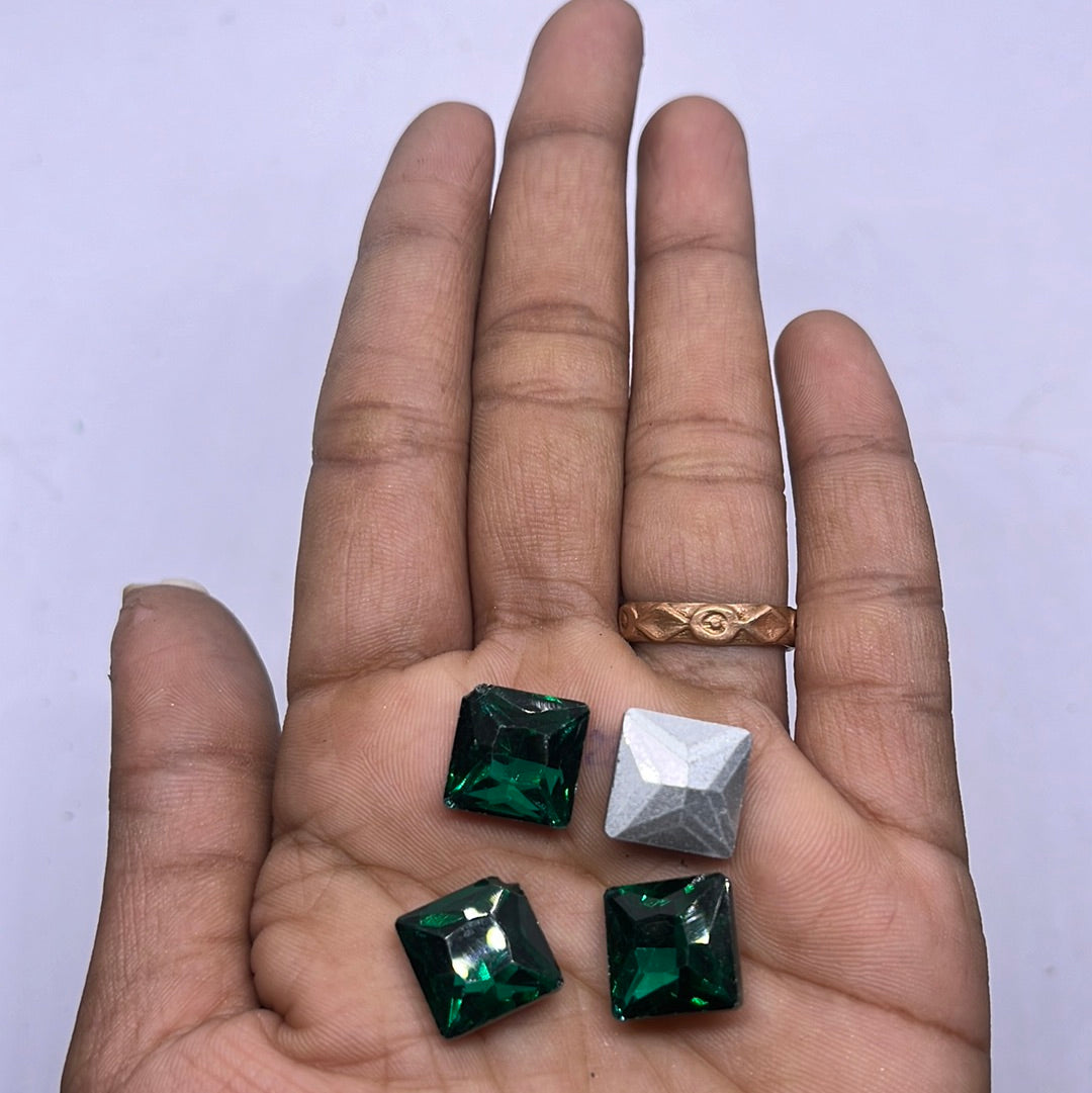 12x12 AD green  square Tanjore Painting American diamond Kundan stones-4 stones in a pack