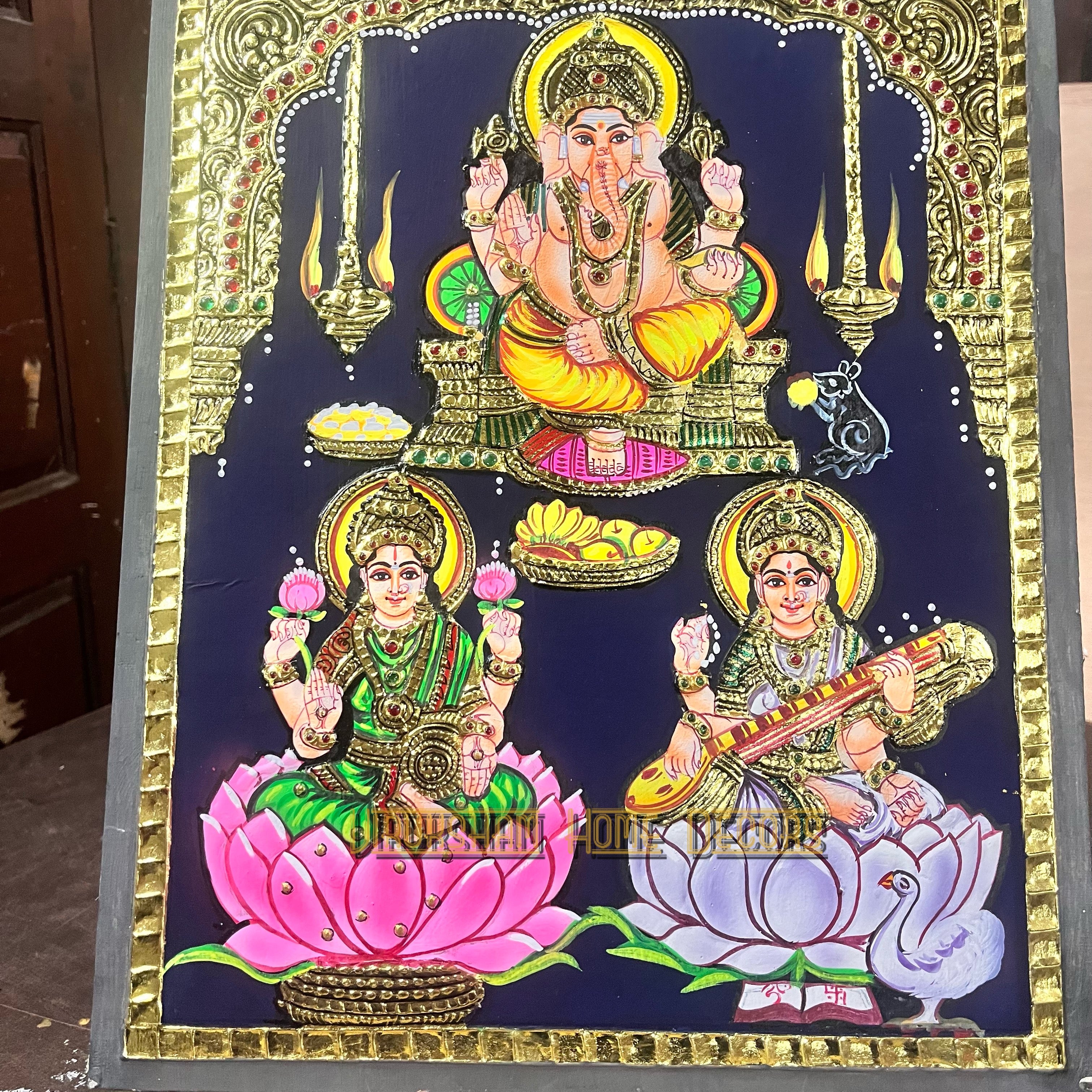 Ganesha Lakshmi Saraswathi Landscape 12x15  Tanjore painting -1 board(15 days delivery time)without frame