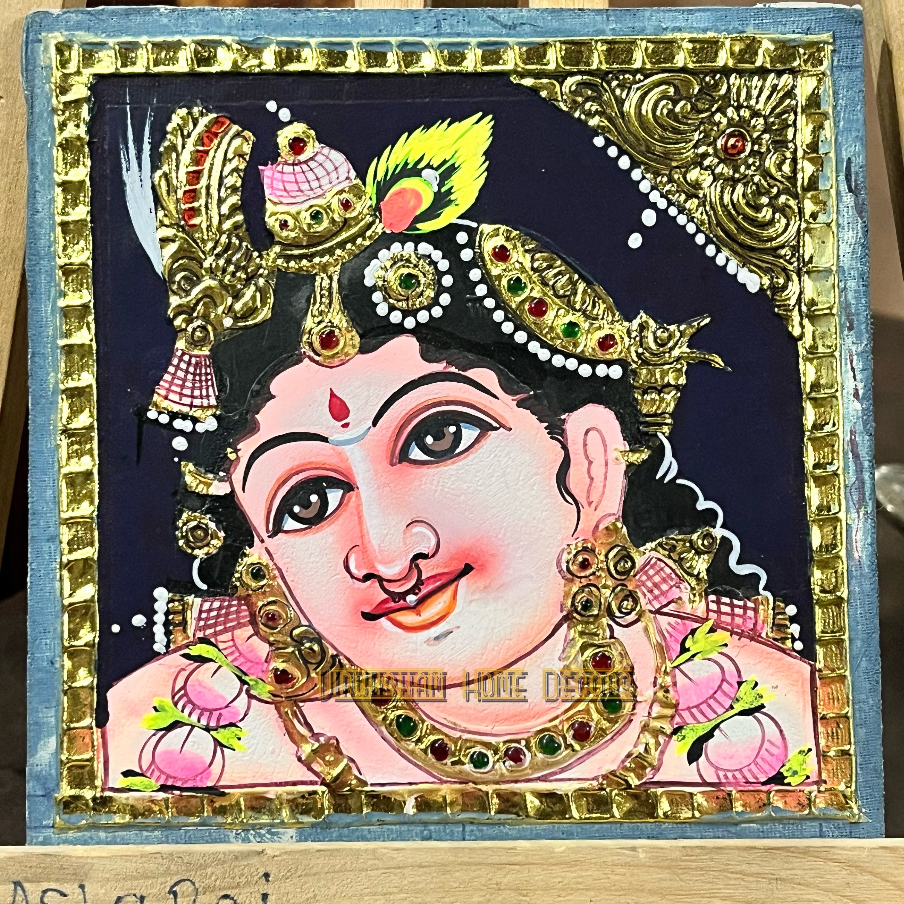 Small face krishna Tanjore painting - artificial grade 1 foil-life warranty-  6x6