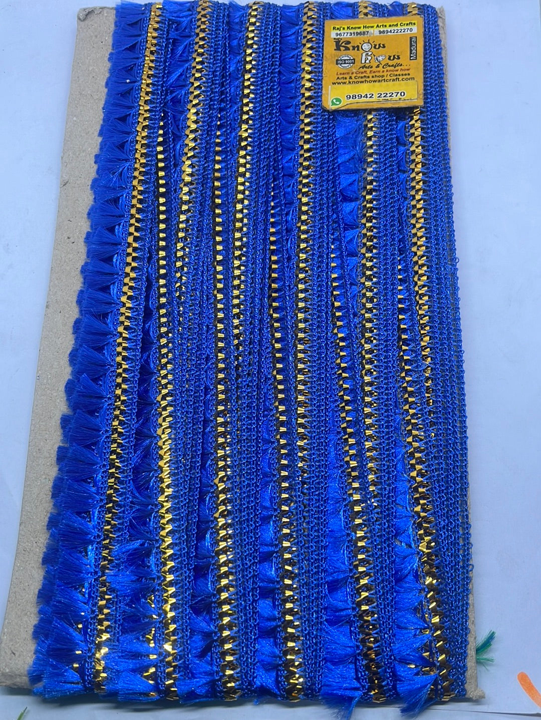 Bright blue  golden design punch lace - 1 meter