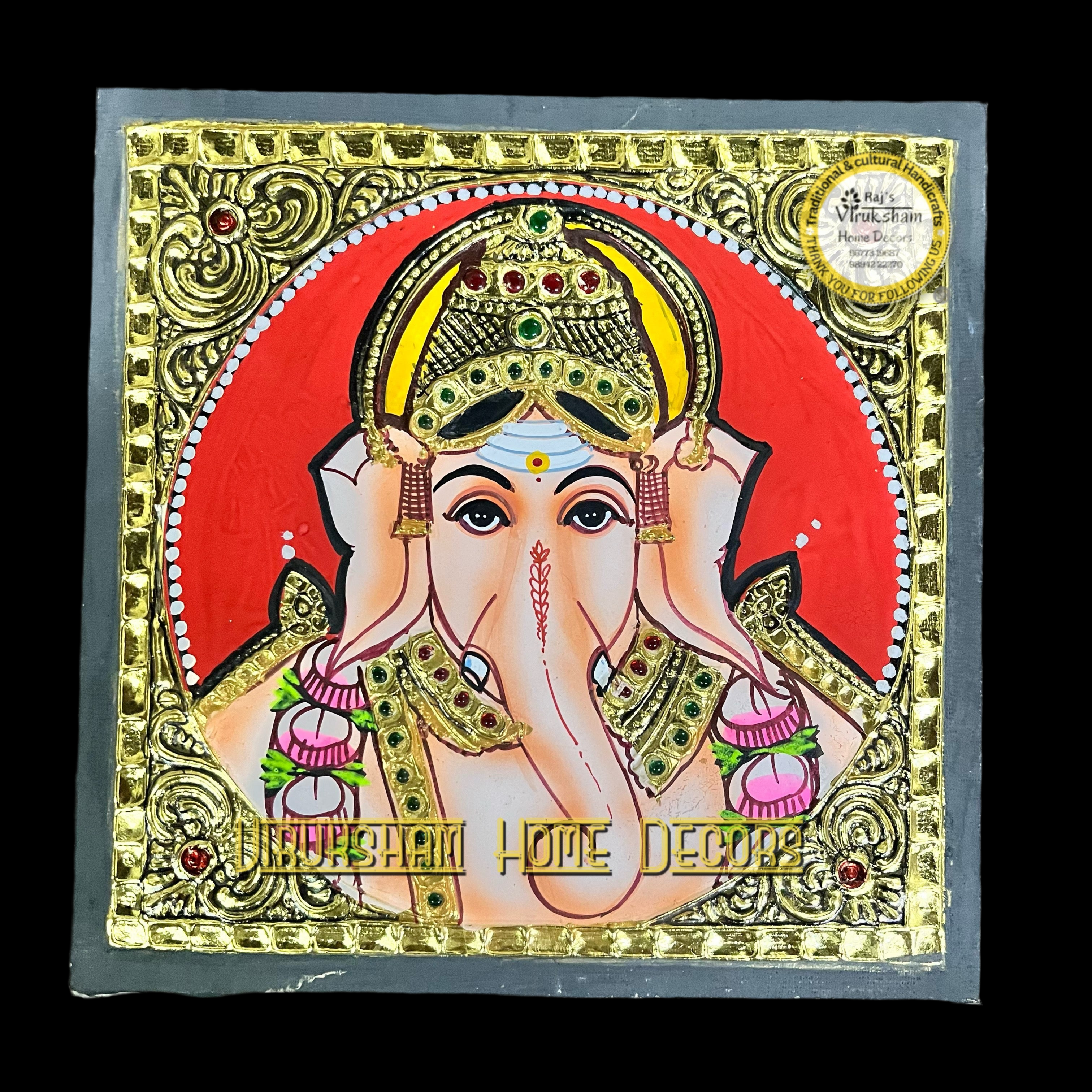 Small Ganesha Tanjore painting - artificial grade 1 foil-life warranty-  6x6