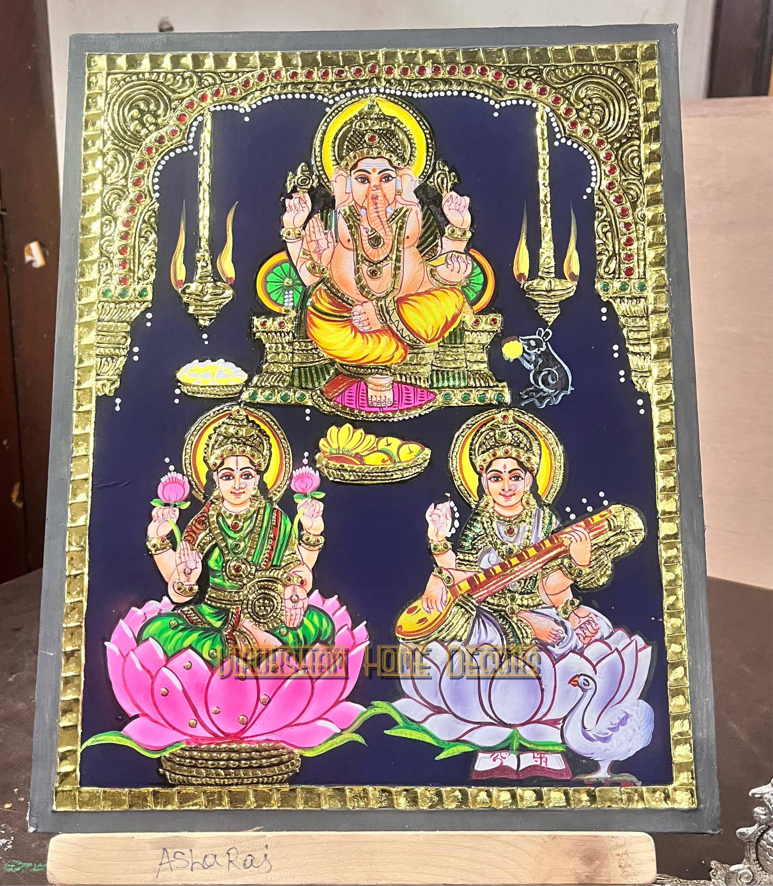 Ganesha Lakshmi Saraswathi Landscape 12x15  Tanjore painting -1 board(15 days delivery time)without frame