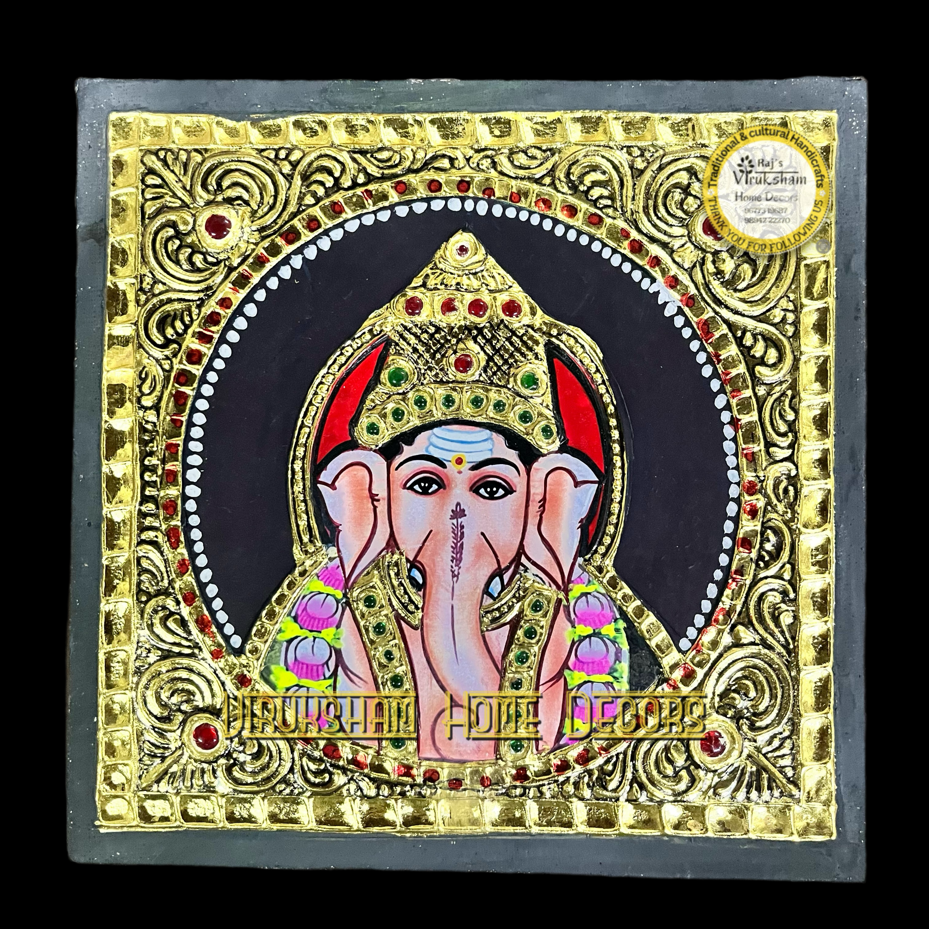 Small Ganesha Tanjore painting  artificial grade 1 foil-life warranty-  6x6