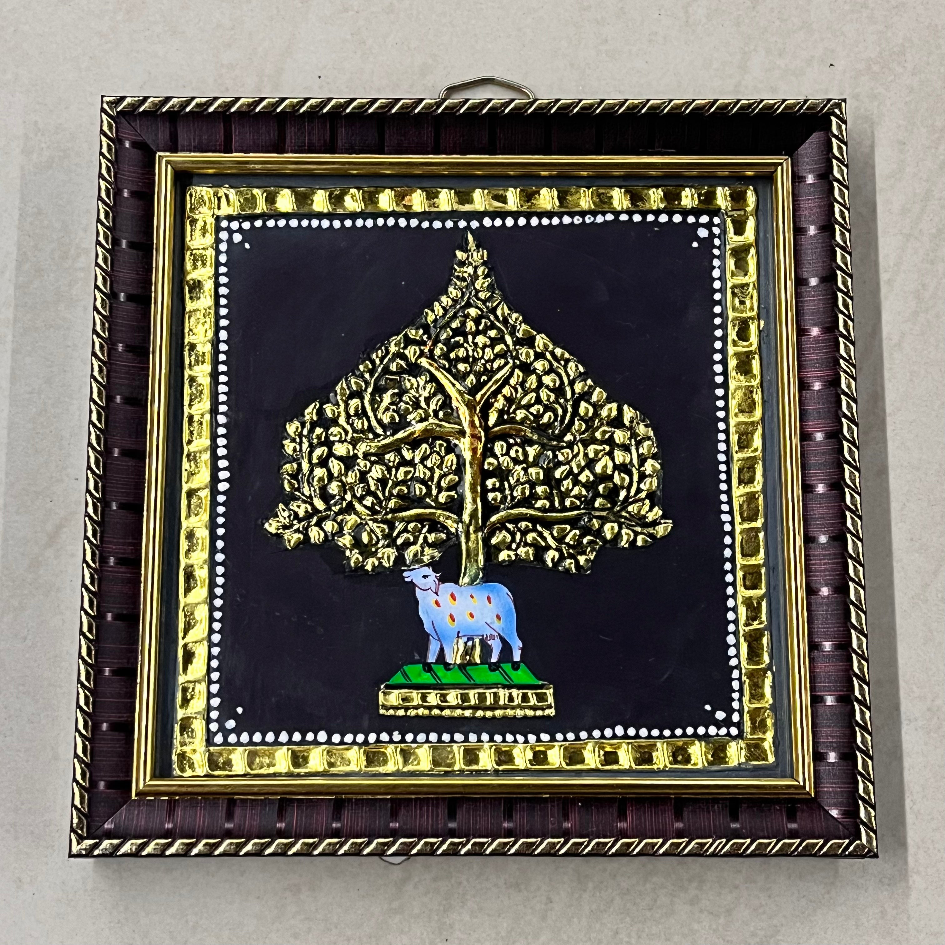 Karpaga Viruksham Tanjore painting 6x6 artificial grade 1foil life warranty with frame finished (15days delivery form payment date)-1pack