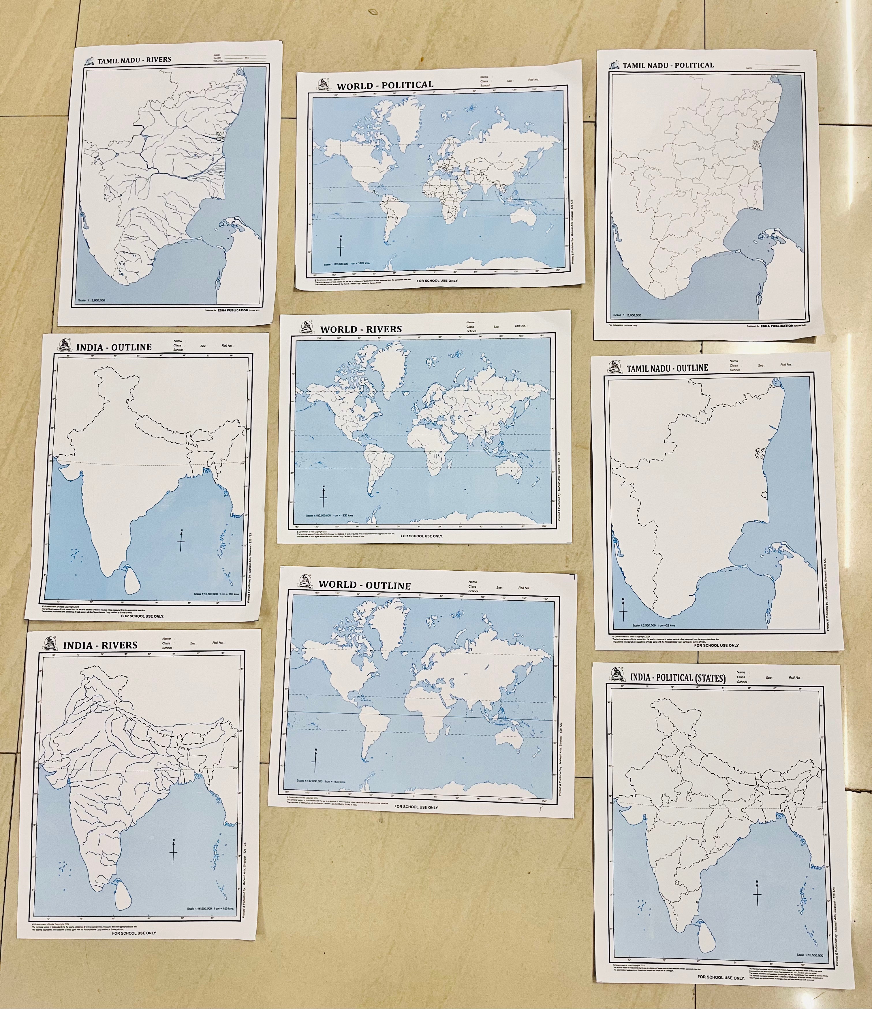 Maps for practice-world,India,Tamilnadu outline,political and rivers (each 1 map)-1pack