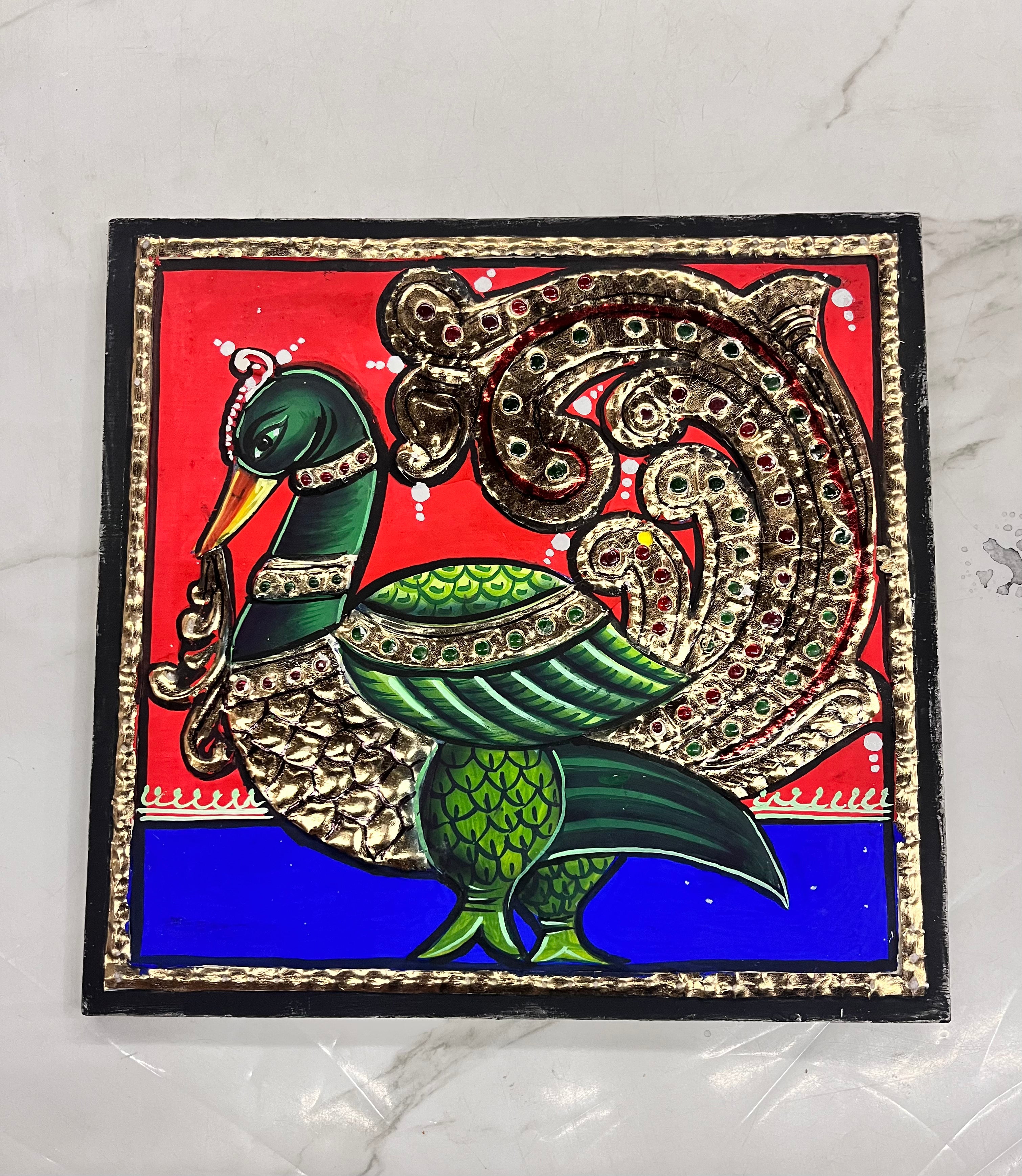 8x8 inch Tanjore Painting peacock - 1 Board ( 15 Days Delivery Time )