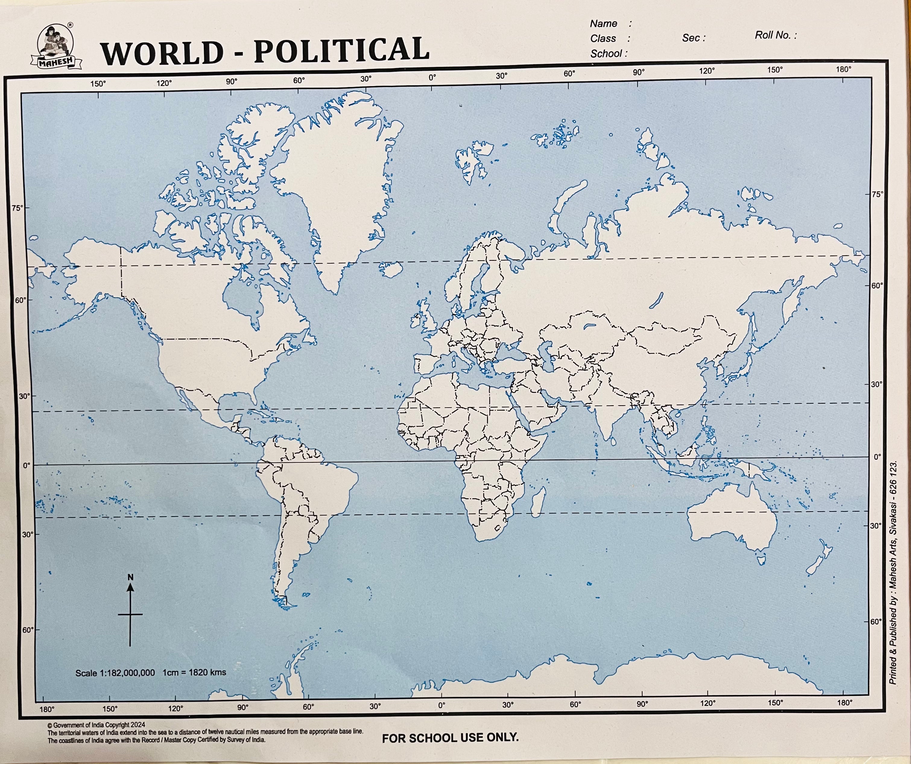 Maps for practice-world,India,Tamilnadu outline,political and rivers (each 1 map)-1pack