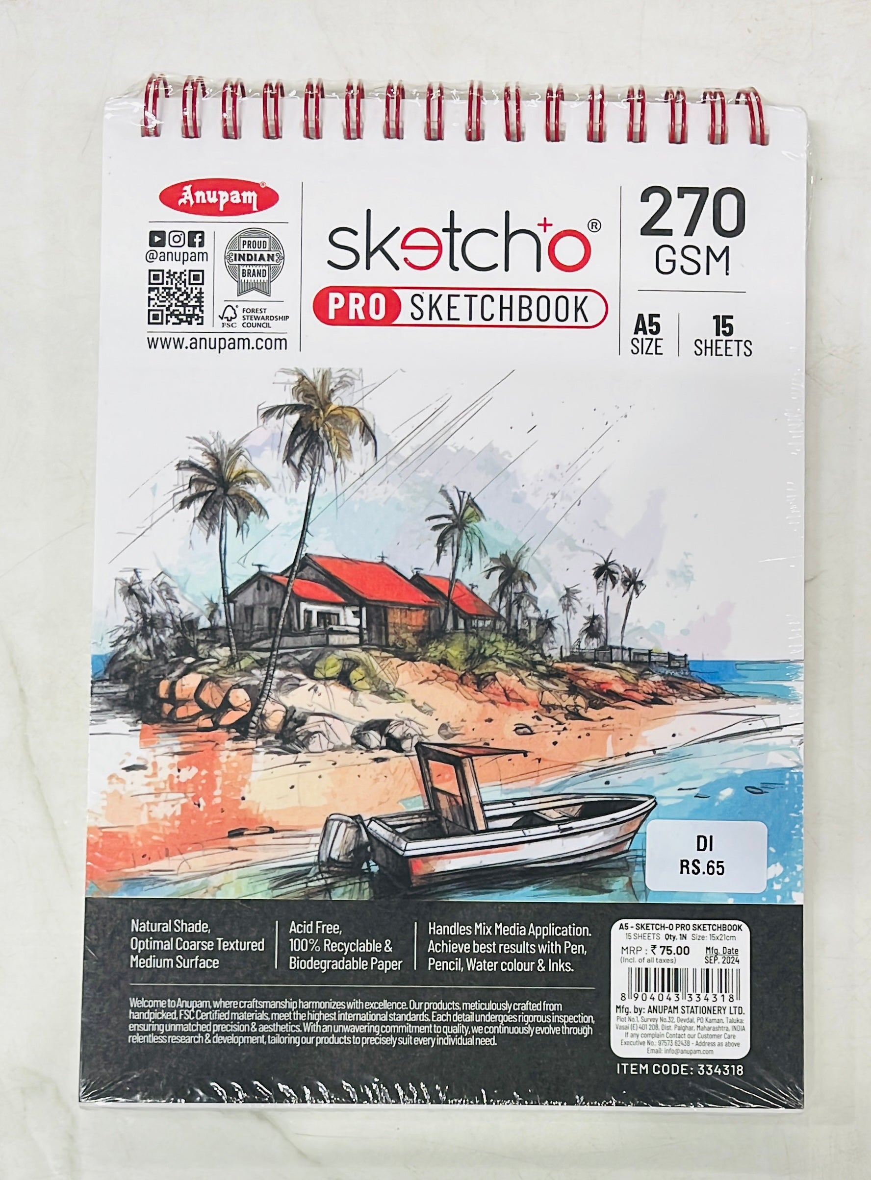 Anupam Sketcho pro sketchbook 270gsm 15sheets (A4&A6)-1pack