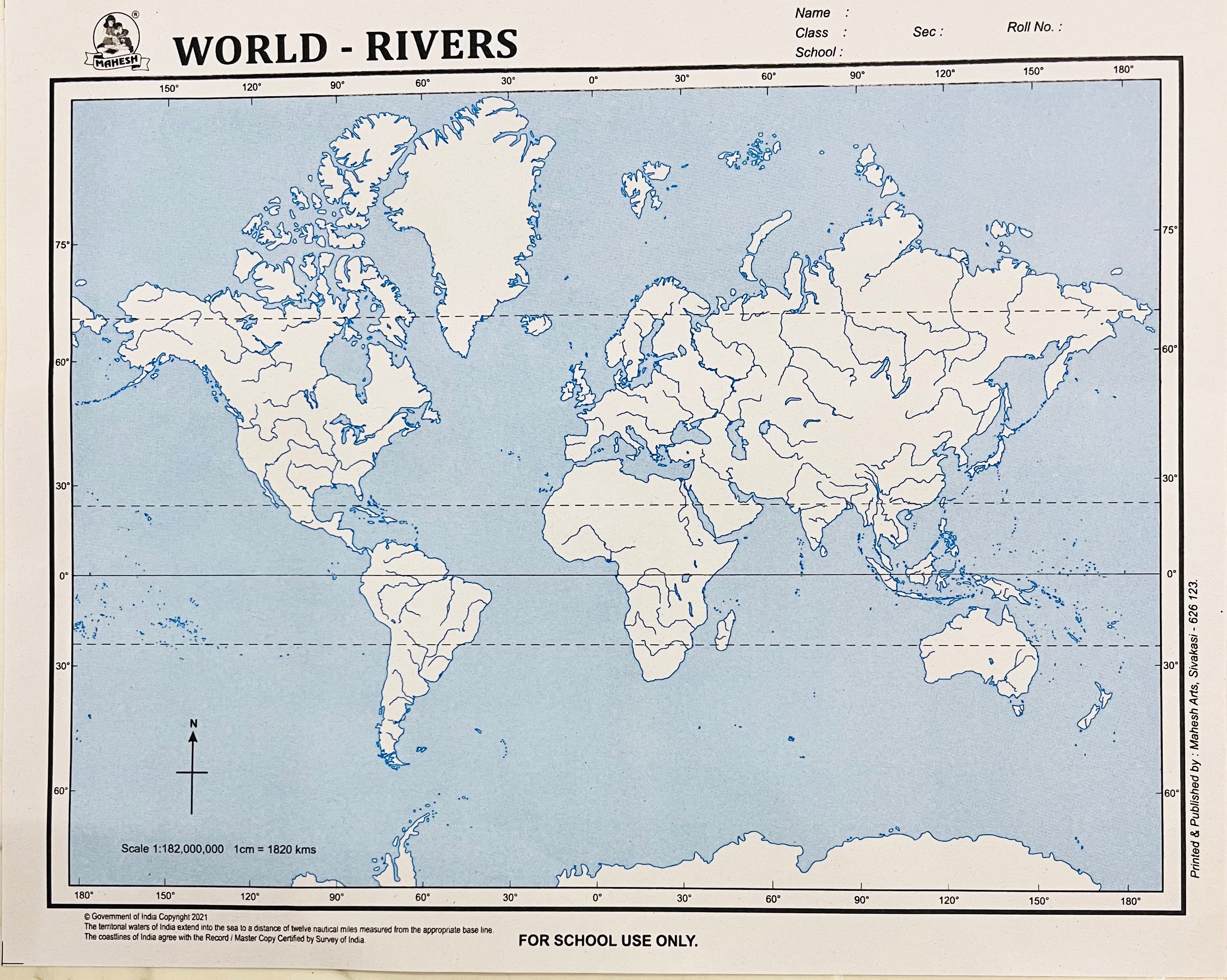 Maps for practice-world,India,Tamilnadu outline,political and rivers (each 1 map)-1pack