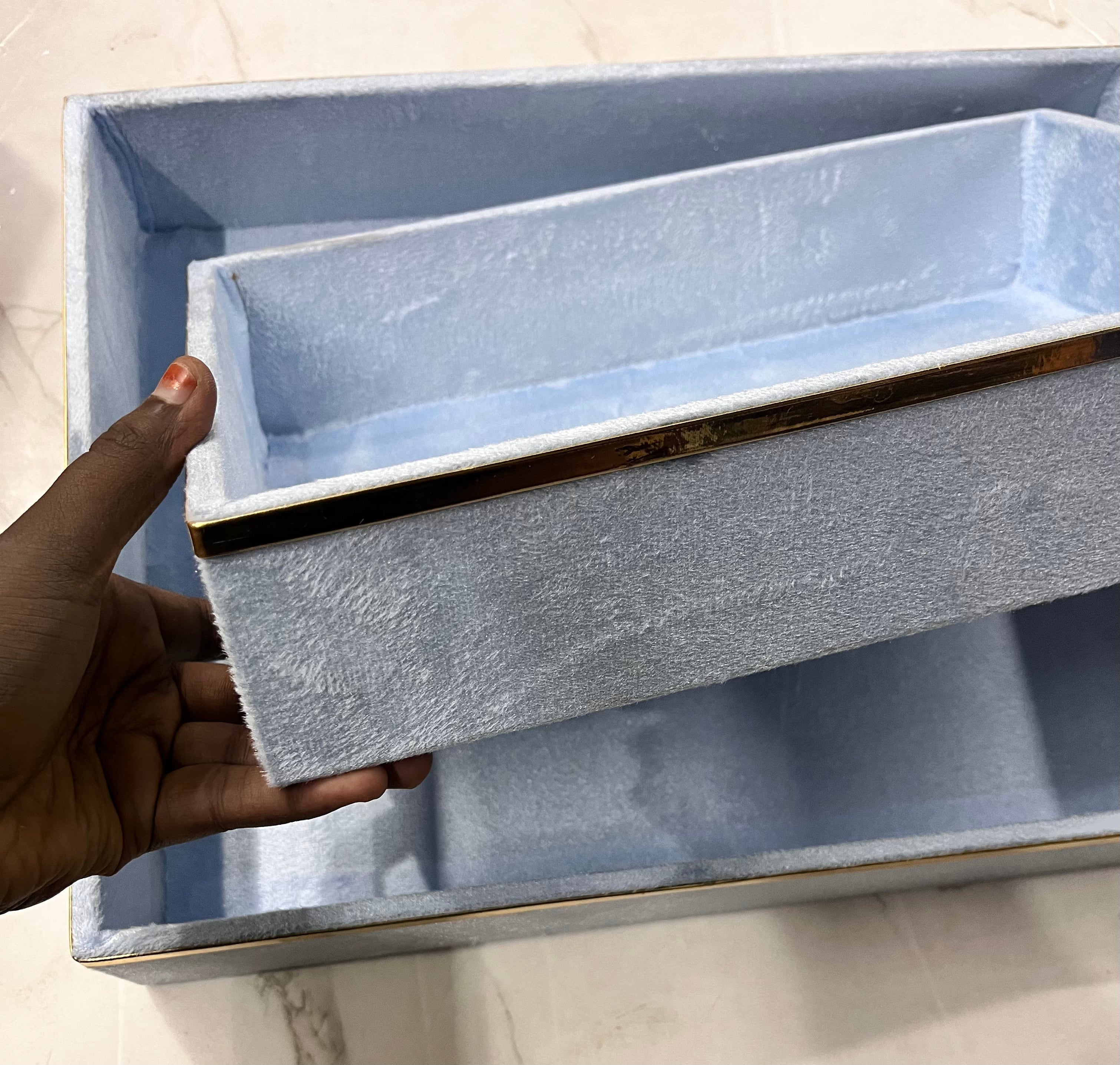Luxury sky blue velvet rectangle tray 2pc set-12x16 &13x9 size 1pack