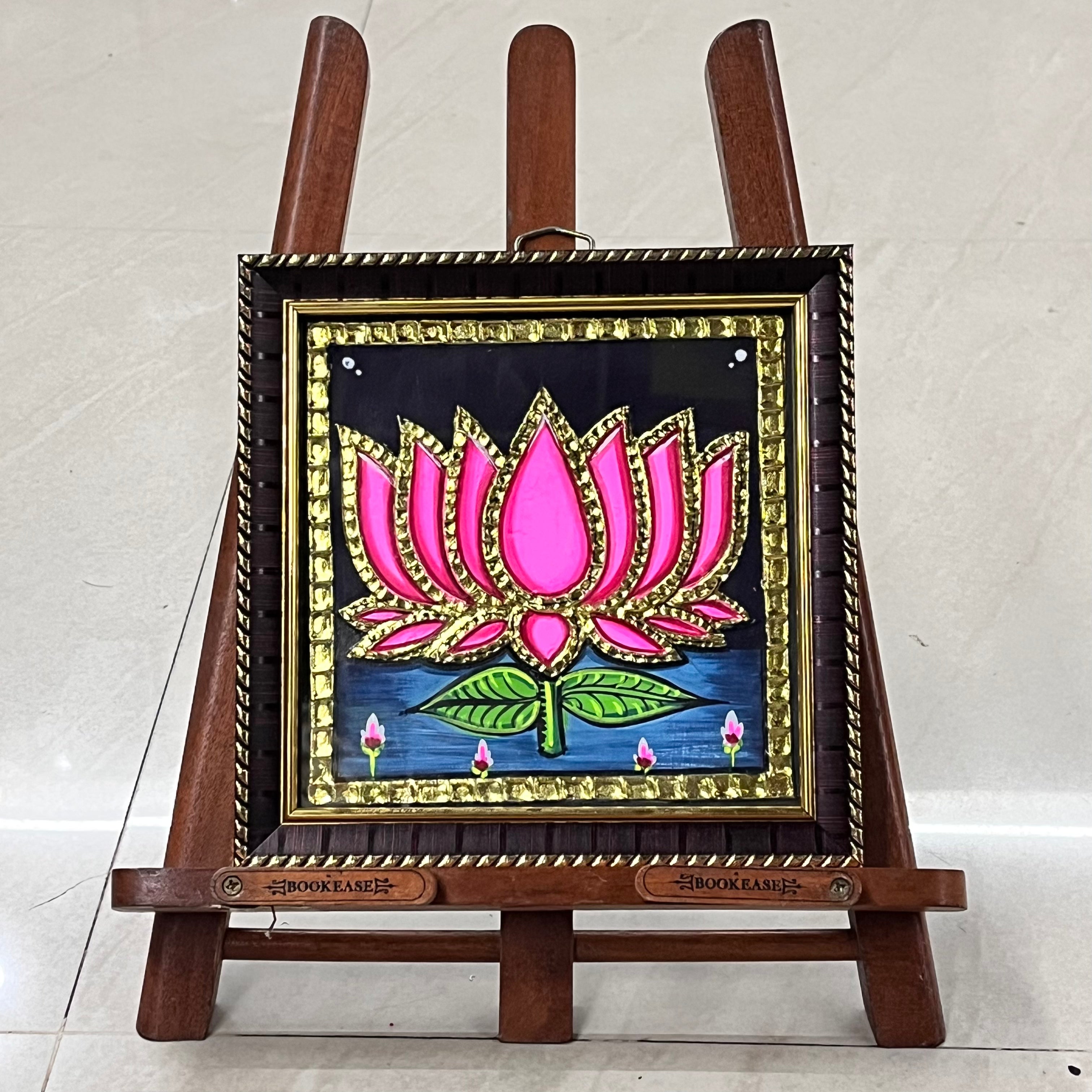 Lotus Tanjore painting 6x6 artificial grade 1foil life warranty with frame finished (15days delivery form payment date)-1pack