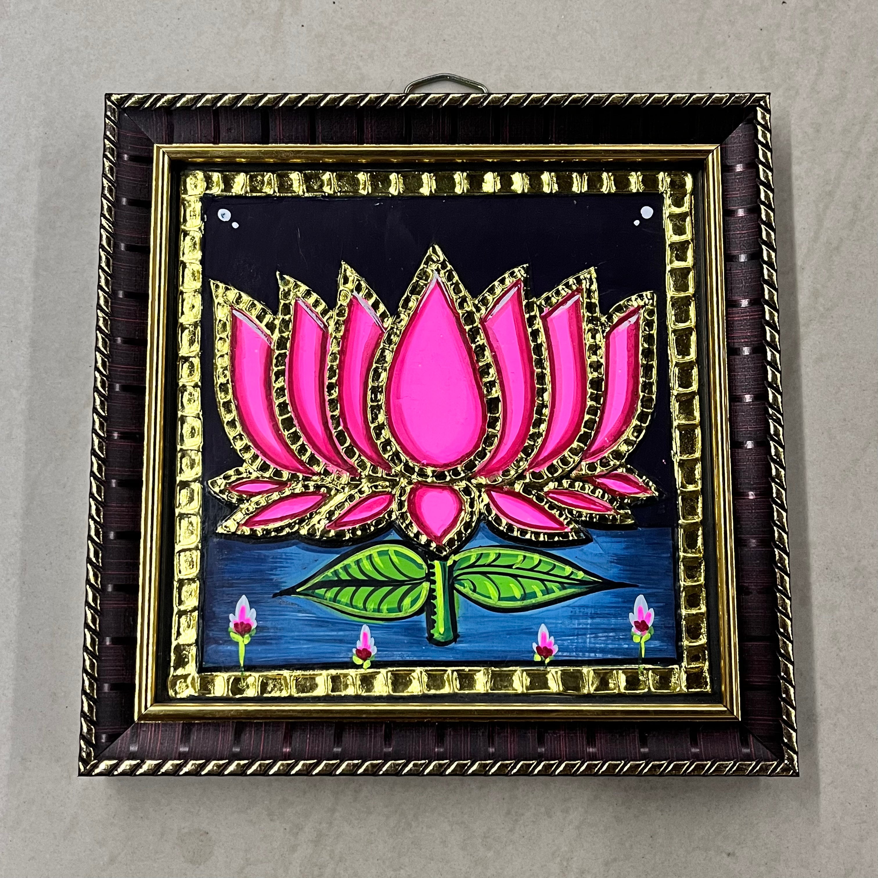 Lotus Tanjore painting 6x6 artificial grade 1foil life warranty with frame finished (15days delivery form payment date)-1pack