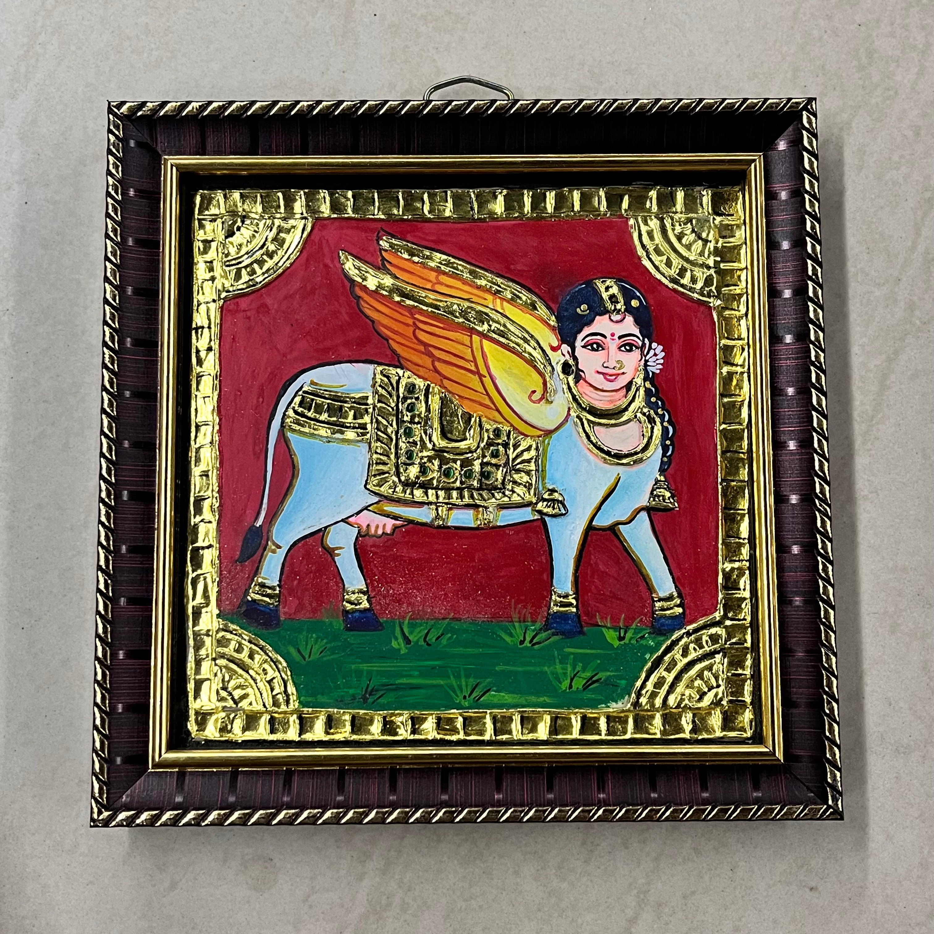 Kamadhenu Tanjore painting 6x6 artificial grade 1foil life warranty with frame finished (15days delivery form payment date)-1pack