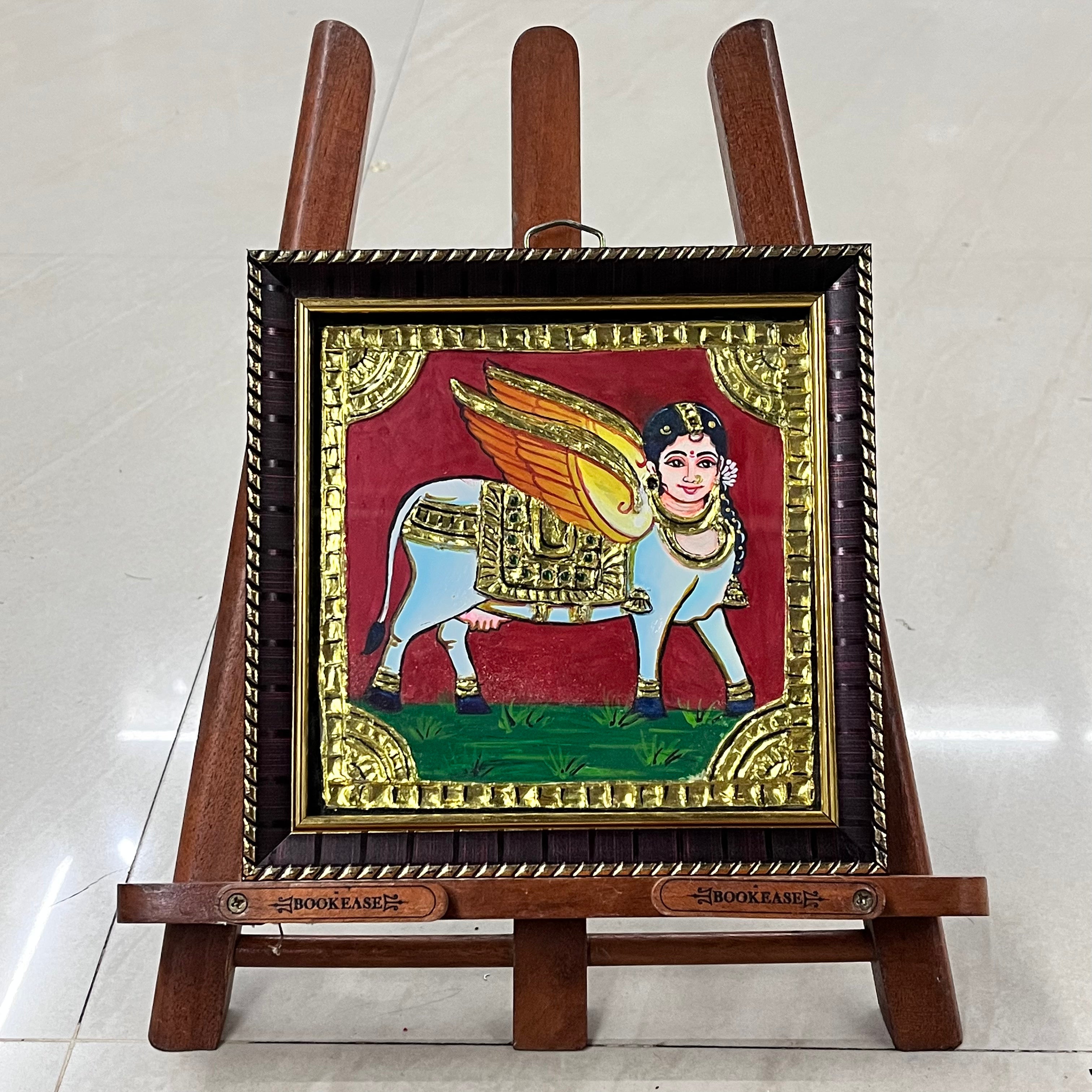 Kamadhenu Tanjore painting 6x6 artificial grade 1foil life warranty with frame finished (15days delivery form payment date)-1pack