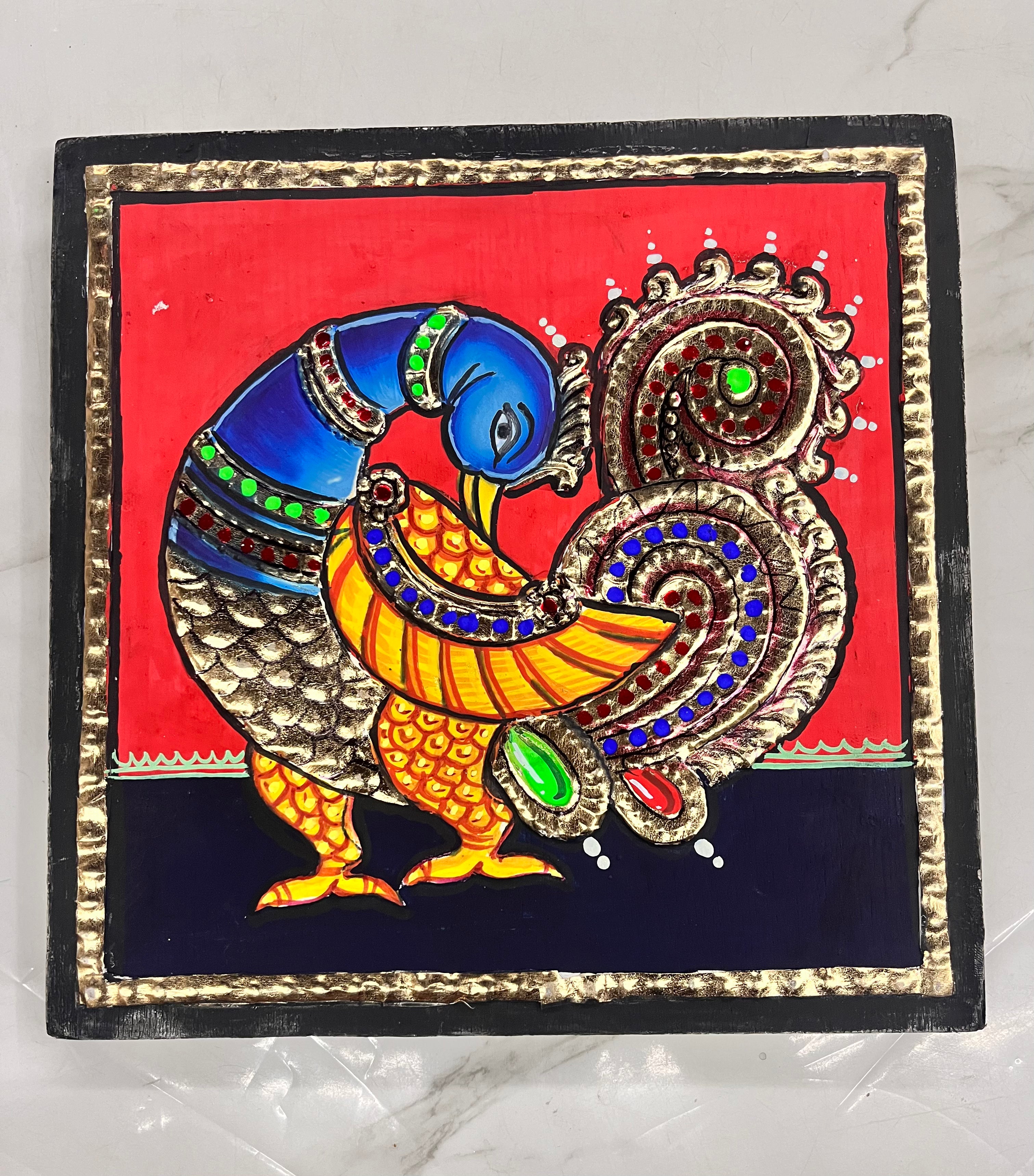 8x8 inch Tanjore Painting peacock - 1 Board ( 15 Days Delivery Time )