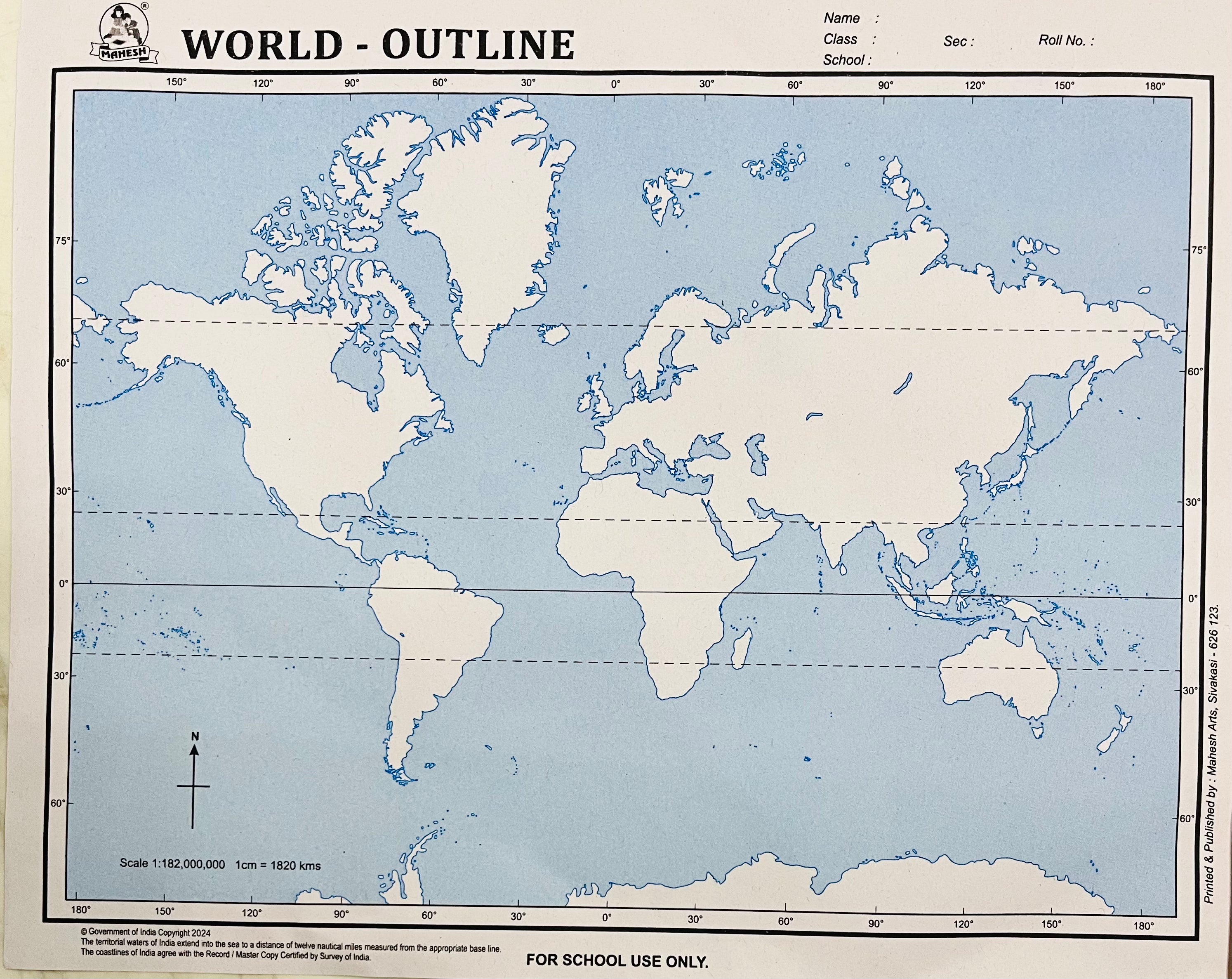 Maps for practice-world,India,Tamilnadu outline,political and rivers (each 1 map)-1pack