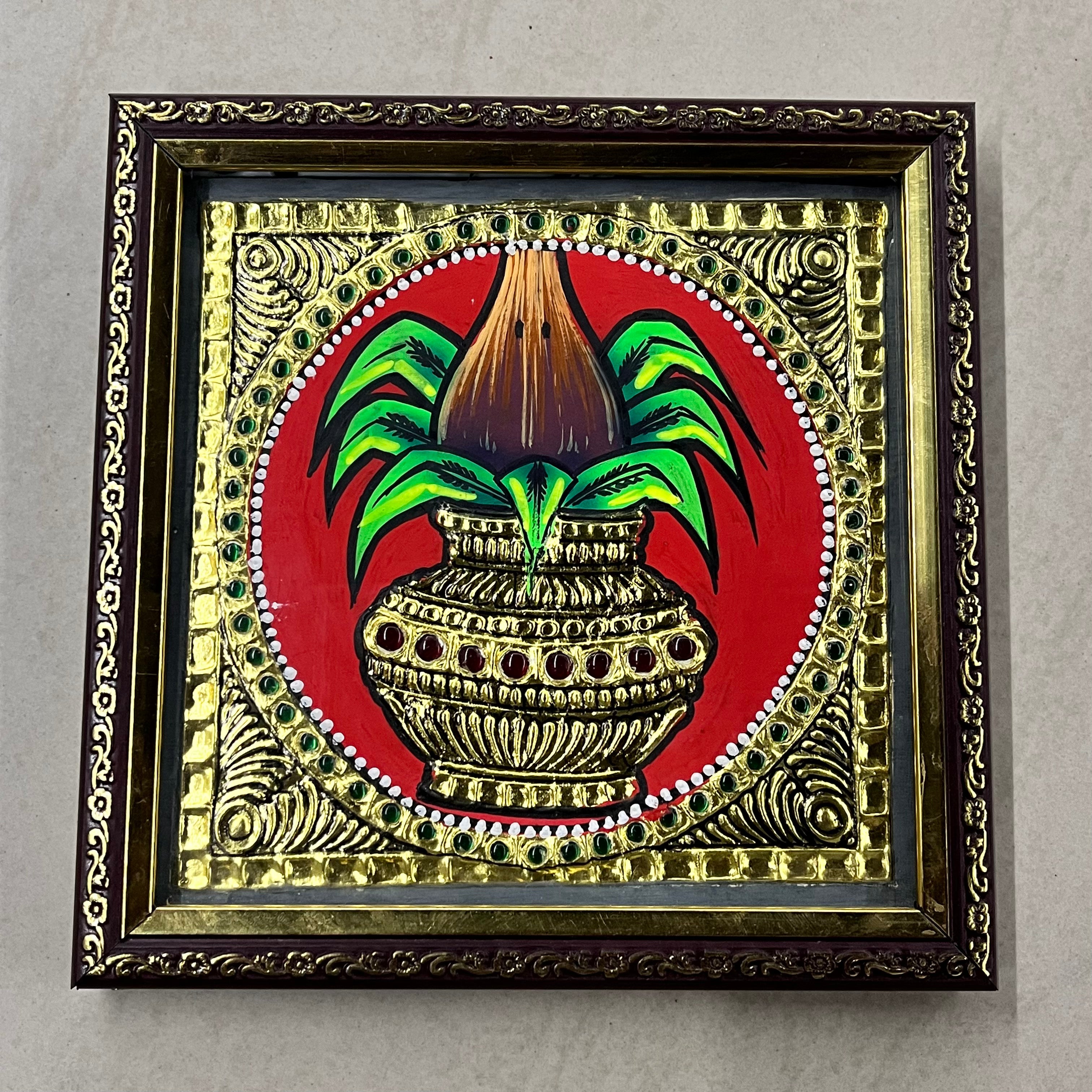 Kalasham Tanjore painting 6x6 artificial grade 1foil life warranty with frame finished (15days delivery form payment date)-1pack