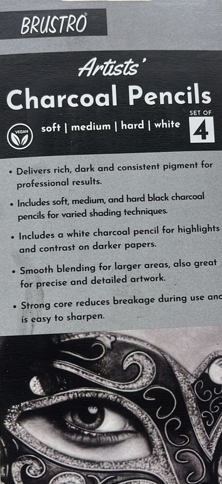 Brustro artist charcoal pencils (soft,medium,hard,white) set of 4pack/7709