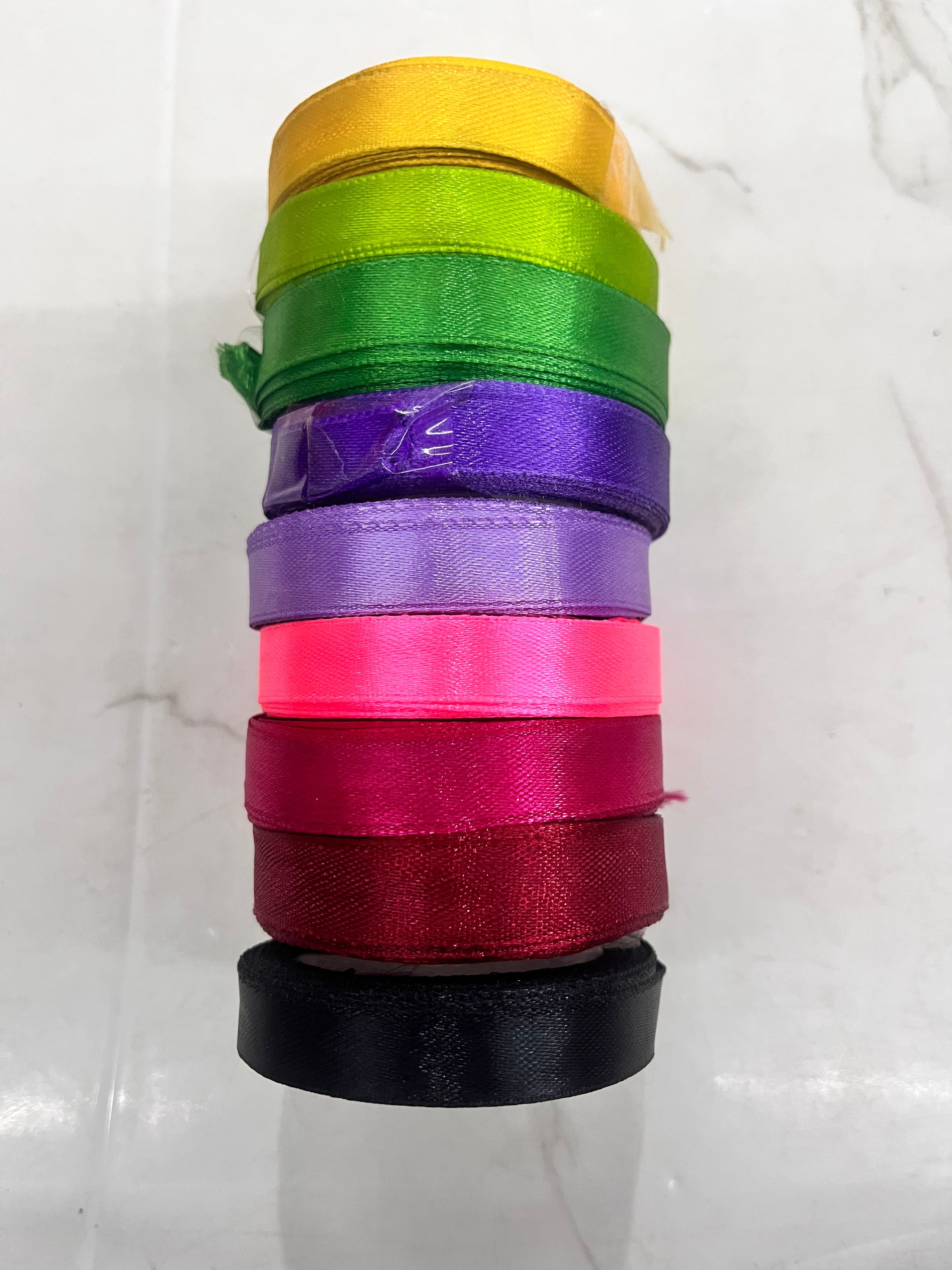 Satin ribbon -half inch 10 metres assorted colours 10pc roll