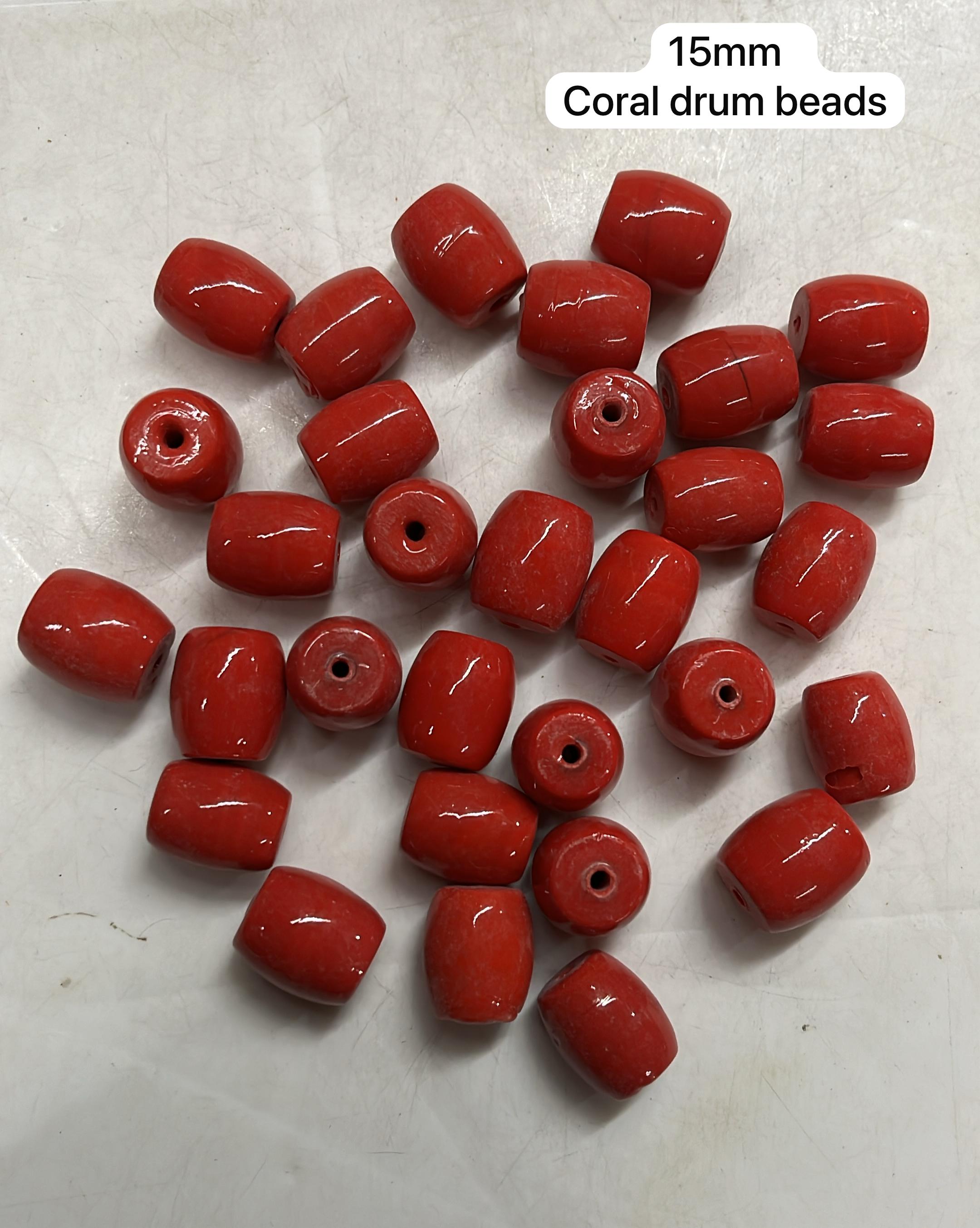 Coral drum glass beads 15mm   -100g pack