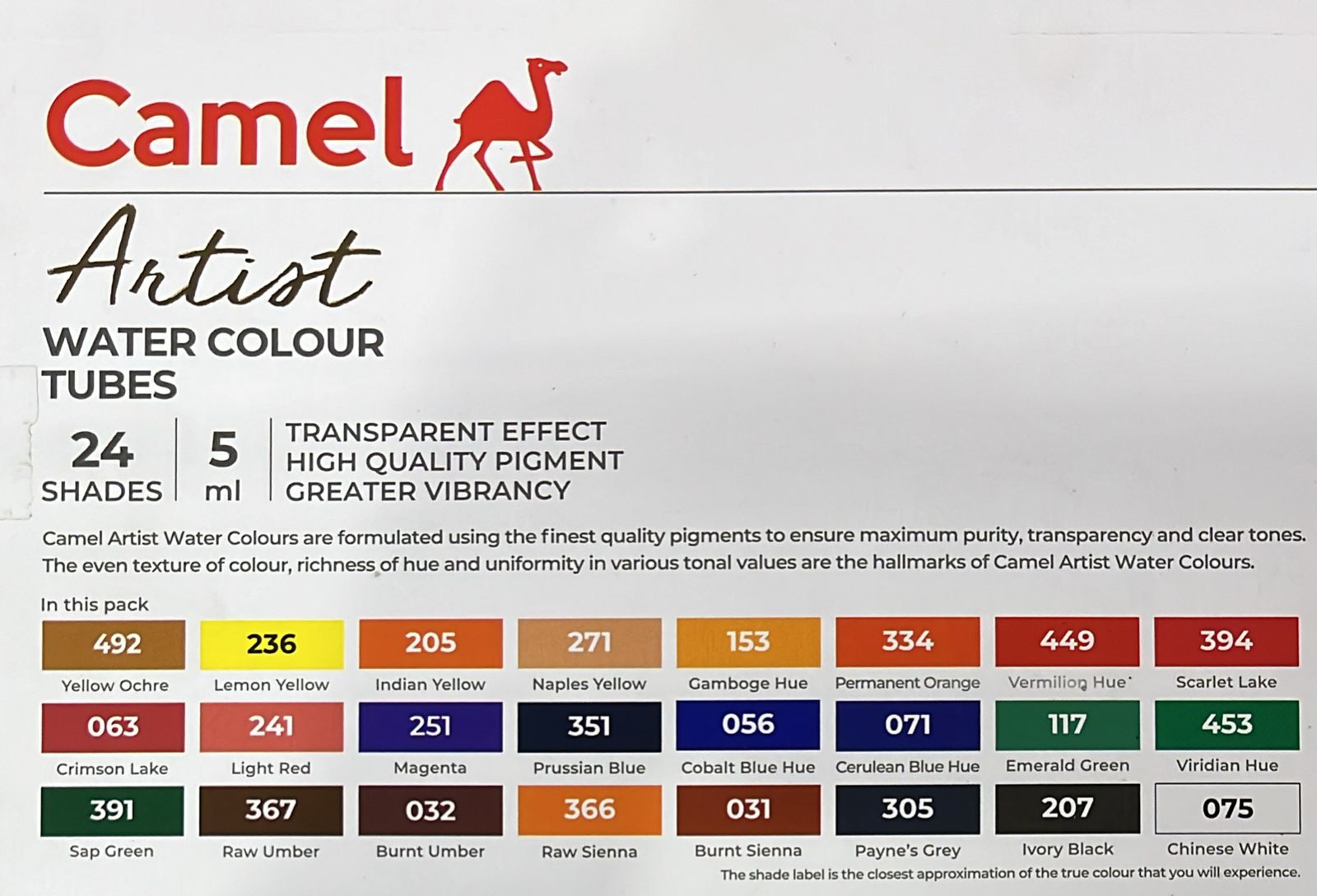 Camel artist water colour tubes 24shades 5ml -1pack /4312