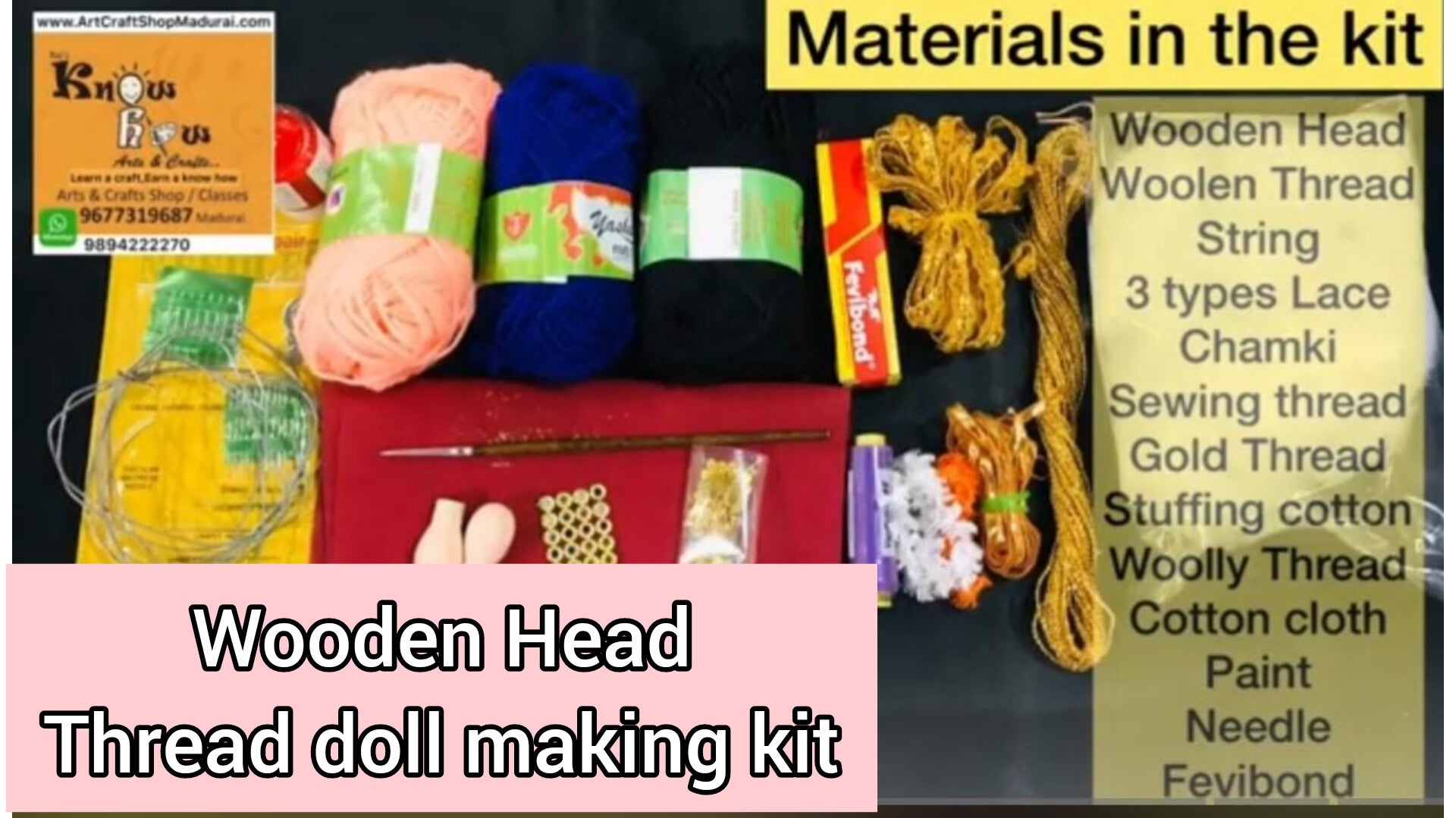 Wooden head woolen Thread making  doll kit -1set