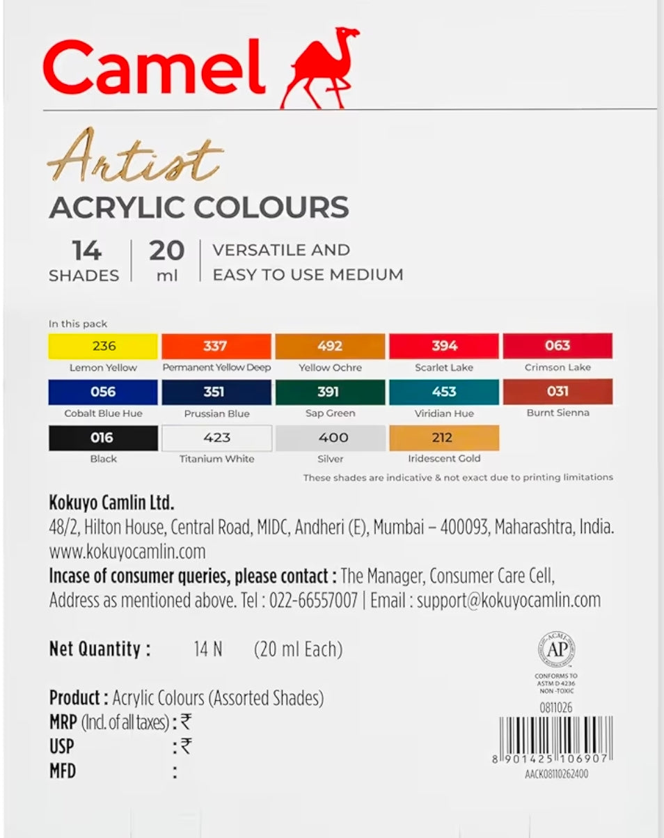Camel Artist Acrylic Colours 14 shade tube color box